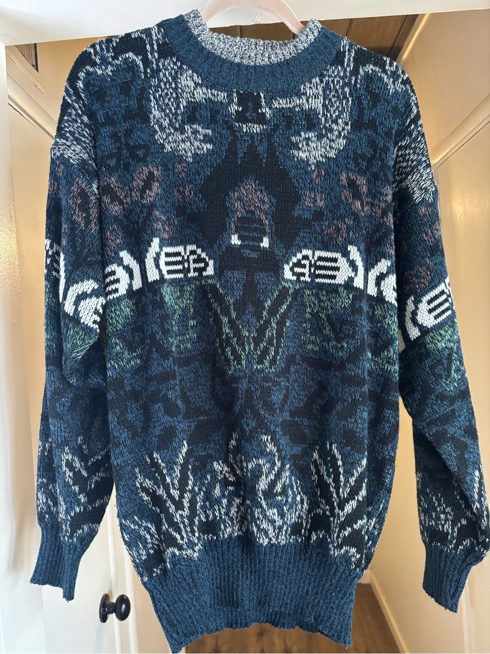 Michael Gerald Teal Patterned Crewneck Sweater with White and Green Accents